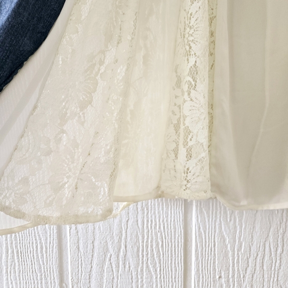 Free People Boho Western Denim Chiffon Lace V Neck Keyhole Longsleeve Medium - Picture 7 of 9